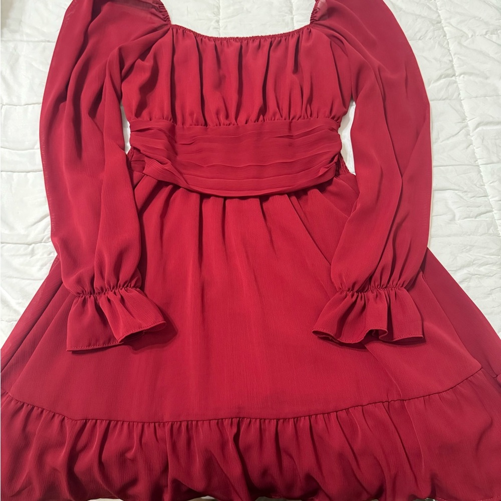 Red Ruched Long Sleeve Sundress for Wedding Guest